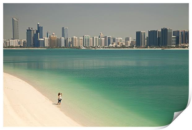 Beach and skyline of Abu Dhabi Print by peter schickert
