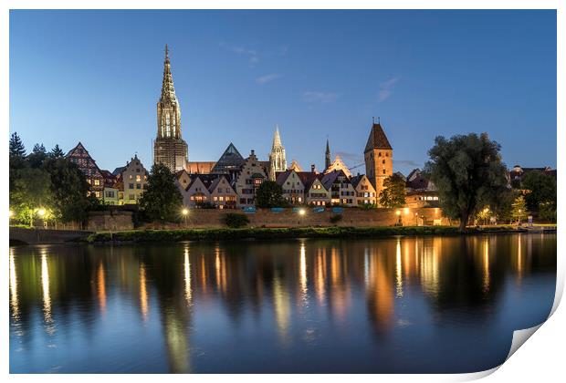danube river and the Ulm Minster at dusk Print by peter schickert