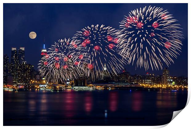Fireworks and Full Moon Over New York City Print by Susan Candelario