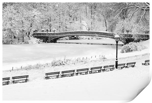 Bow Bridge Central Park Winter Wonderland BW Print by Susan Candelario