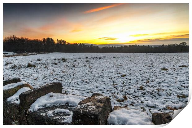 Snowy sunset of Tockholes, Darwen, Lancashire Print by Jonathan Thirkell