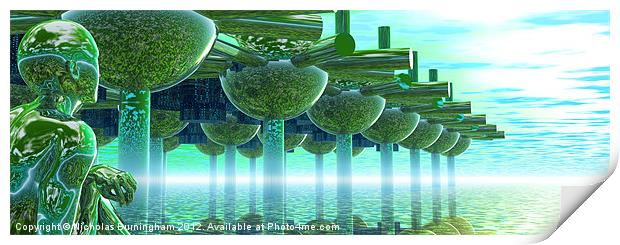 Panoramic Green City and Alien or Future Human Print by Nicholas Burningham