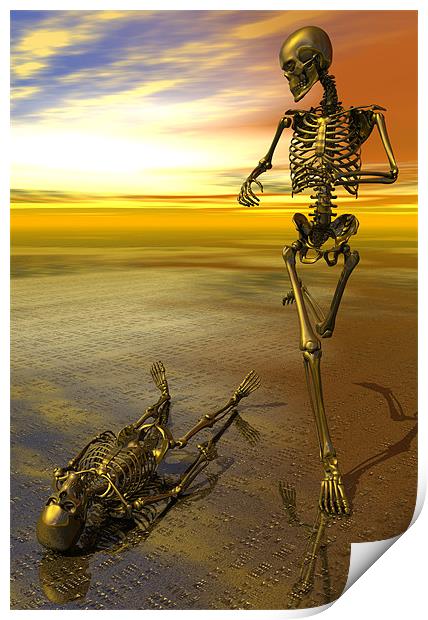 Surreal skeleton jogging past prone skeleton with  Print by Nicholas Burningham