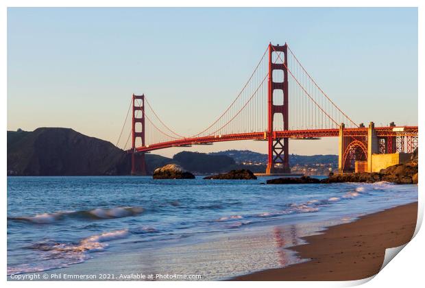 Golden Gate Bridge at dusk Print by Phil Emmerson