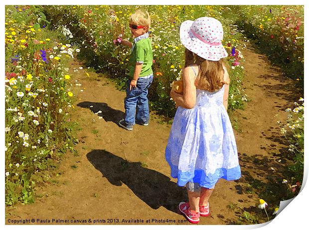 Children in the wildflower meadow Print by Paula Palmer canvas