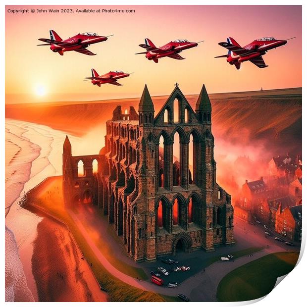 Whitby Abbey with the Red Arrows at sunset (AIG) Print by John Wain