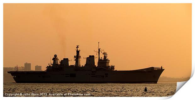 HMS Illustrious Leaving Liverpool at Sunset Print by John Wain