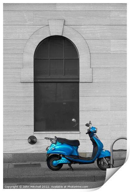 Selective colour blue motor scooter Print by John Mitchell