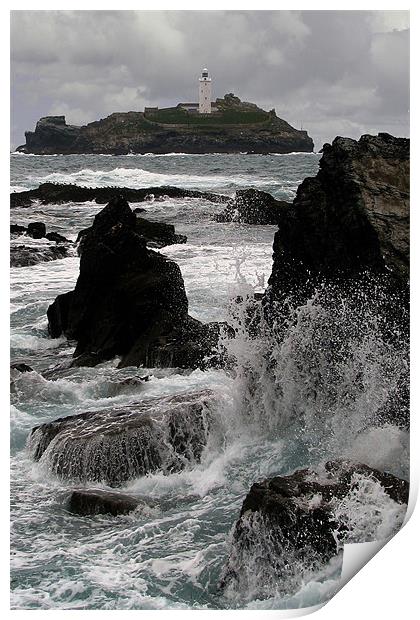Crashing Wave, Godrevy Lighthouse, St Ives Bay Print by Brian Pierce