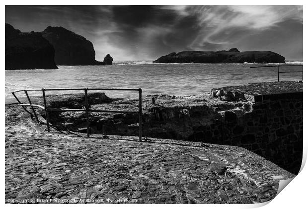 Mullion Cover and the Island Beyond (Monochrome) Print by Brian Pierce