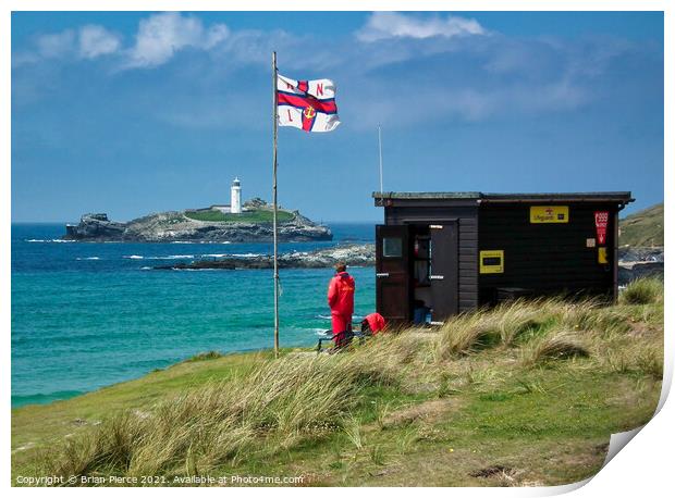 RNLI Lifeguards keep an eye on bathers at Gwithian Print by Brian Pierce