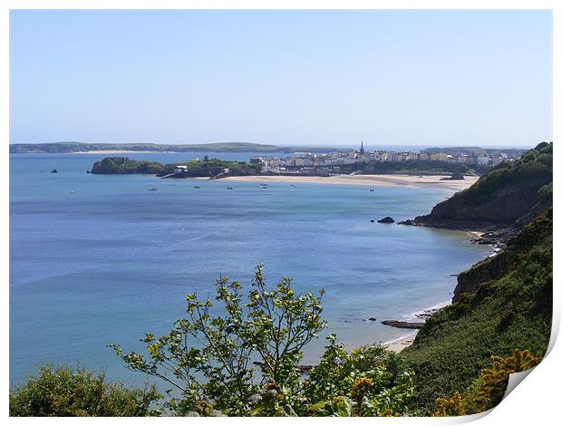 Tenby  town and North beach from the costal path Print by Shoshan Photography 