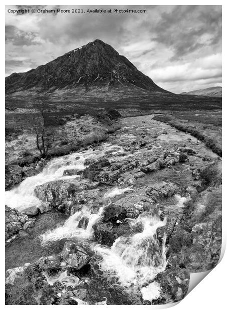 Buachaille Etive Mor and waterfall monochrome Print by Graham Moore