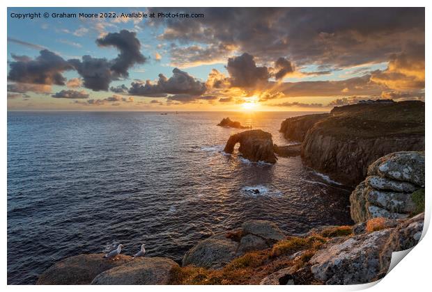 Lands End sunset with seabirds Print by Graham Moore
