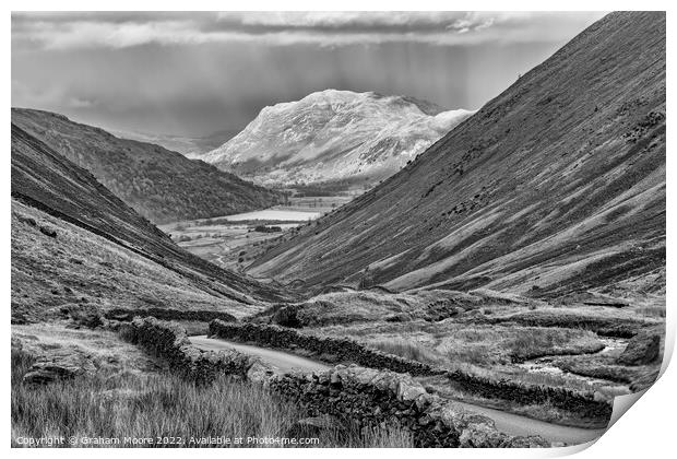 Kirkstone Pass looking north monochrome Print by Graham Moore