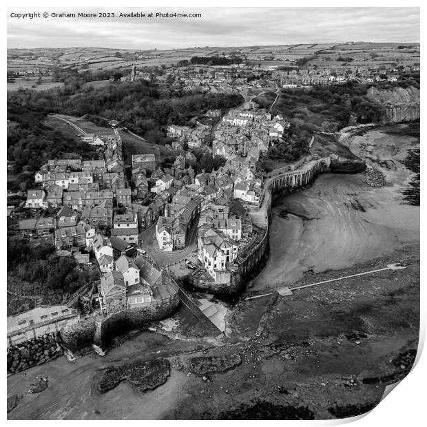 Robin Hoods Bay high view monochrome Print by Graham Moore