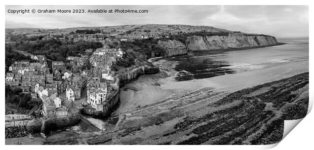 Robin Hoods Bay elevated view panorama monochrome Print by Graham Moore