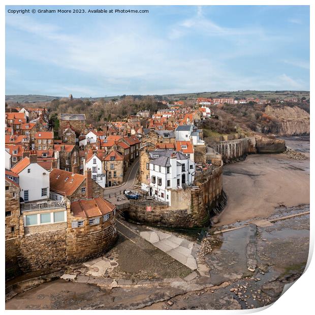 Robin Hoods Bay elevated view Print by Graham Moore