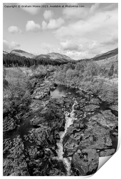 Falls of Orchy elevated view monochrome Print by Graham Moore