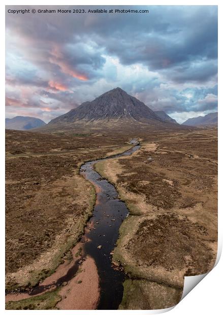 Buachaille Etive Mor and River Etive simulated sunset Print by Graham Moore