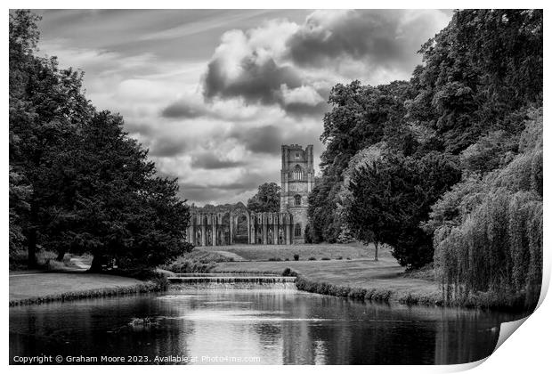 Fountains Abbey river and wier Print by Graham Moore