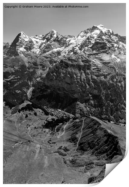 Eiger Monch Jungfrau and Murren from Birg monochrome Print by Graham Moore