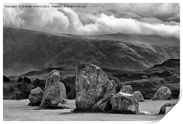 Castlerigg looking east monochrome Print by Graham Moore