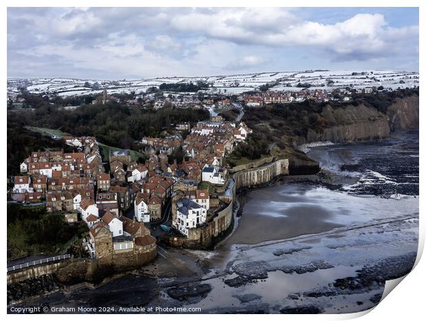 Robin Hoods Bay in snow Print by Graham Moore