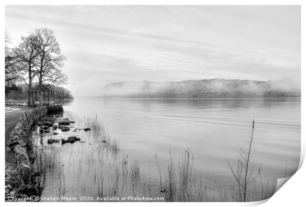 Lake Windermere misty morning monochrome Print by Graham Moore