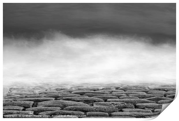 Waves on cobbles monochrome Print by Graham Moore