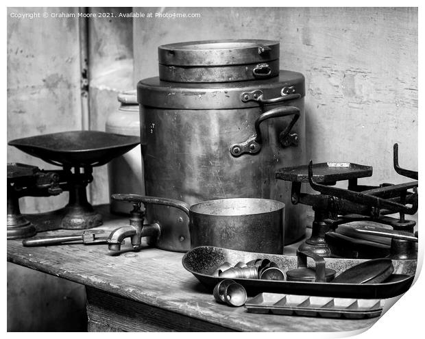 Old kitchen equipment Print by Graham Moore