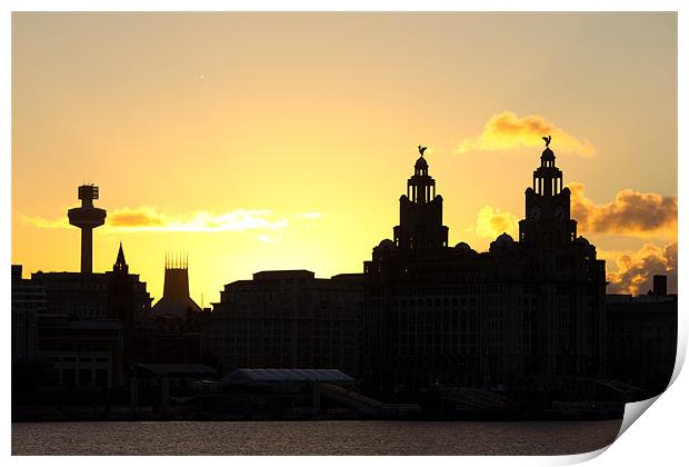 Sun rising behind the Liver Buildings Print by Paul Farrell Photography