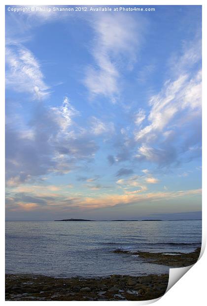Sun set over coast in Seahouses Print by Phillip Shannon