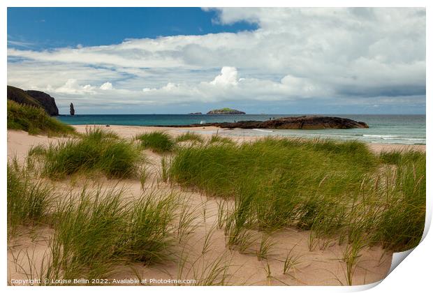 Sandwood Bay, Sutherland, Scotland looking from the sand dunes over the beach to the sea stack beyond Print by Louise Bellin