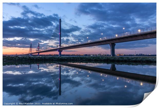 Mersey Gateway Bridge reflected in a pond Print by Paul Madden