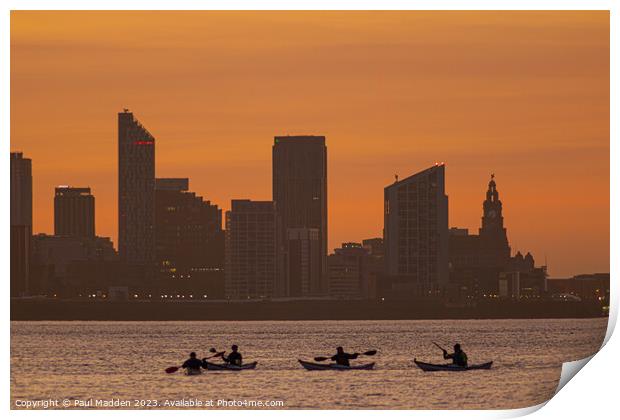 Liverpool waterfront sunrise from New Brighton and kayakers Print by Paul Madden