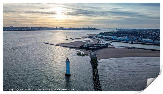 New Brighton lighthouse and Liverpool Waterfront at sunrise Print by Paul Madden