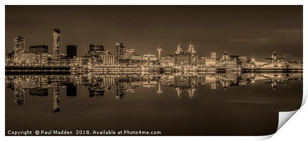 Liverpool skyline panorama at night - Sepia Print by Paul Madden