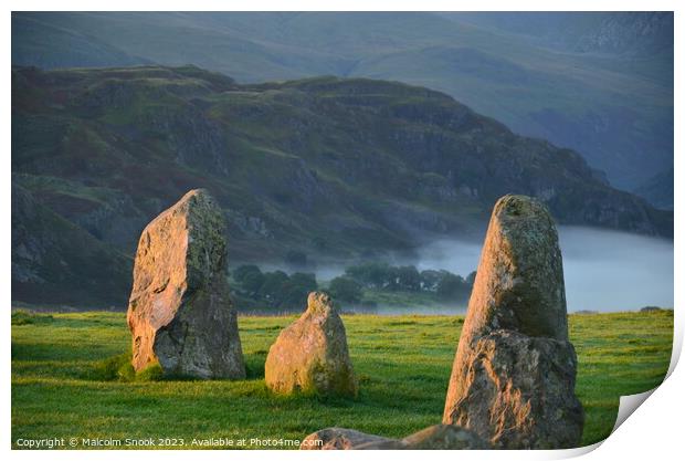 Dawn mist at the Neolithic stones Print by Malcolm Snook