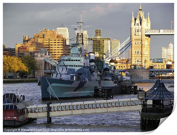HMS Belfast in London Print by Malcolm Snook