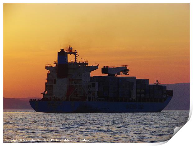 Container ship sunset Print by Malcolm Snook