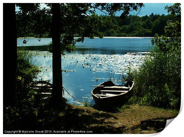 Swedish lake and rowing boats Print by Malcolm Snook