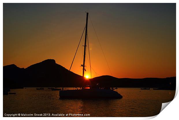 Catamaran sunset in Ibiza Print by Malcolm Snook