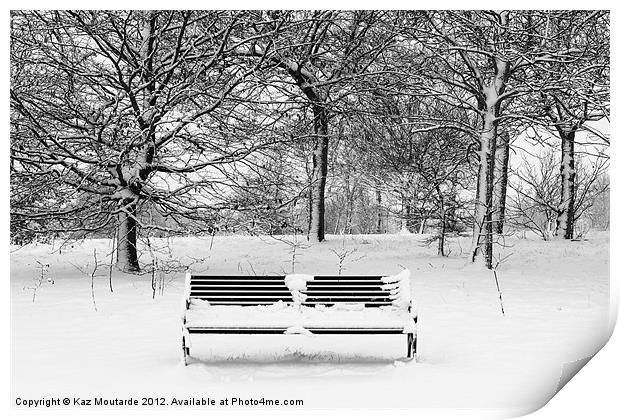Snow covered park bench Print by Kaz Moutarde