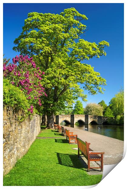 Riverside Walk at Bakewell Bridge and River Wye Print by Darren Galpin