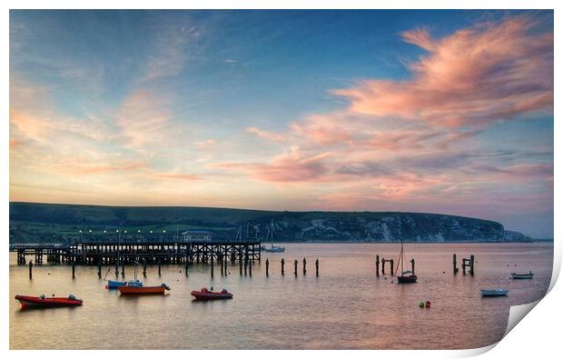 Swanage Pier and Ballard Down at Sunset Print by Darren Galpin