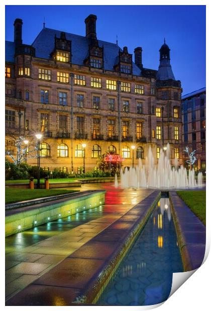 Sheffield Town Hall and Goodwin Fountain at Night   Print by Darren Galpin
