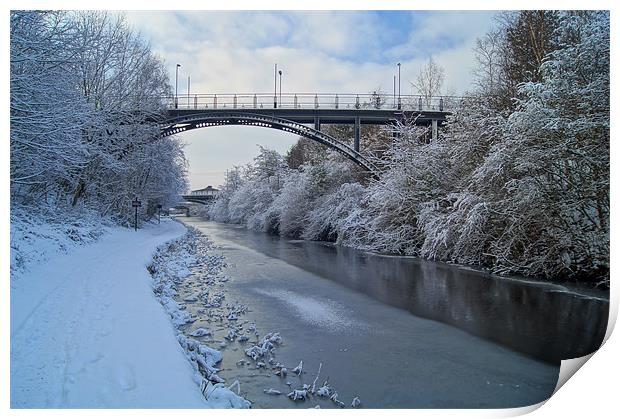 Bridge over frozen Sheffield Canal Print by Darren Galpin