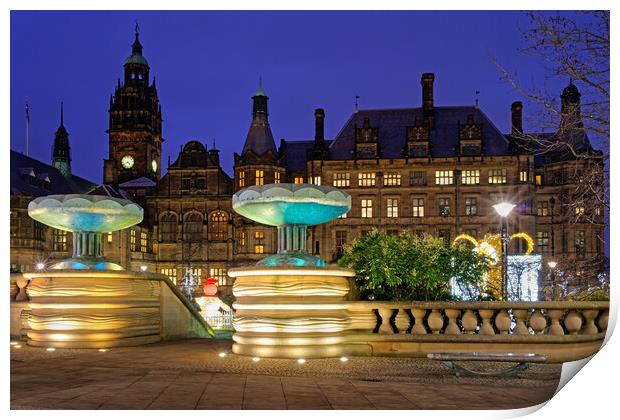 Sheffield Town Hall & Peace Gardens at Christmas Print by Darren Galpin