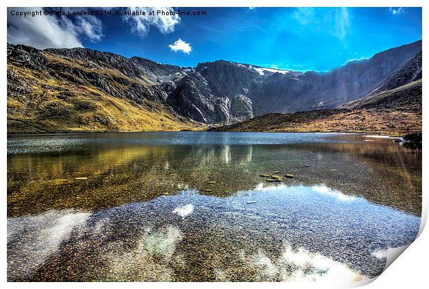 The Gylders relecting in llyn Idwal Print by Pete Lawless